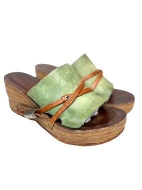 A.S.98 Green Leather Platform Wedge Mules | 36